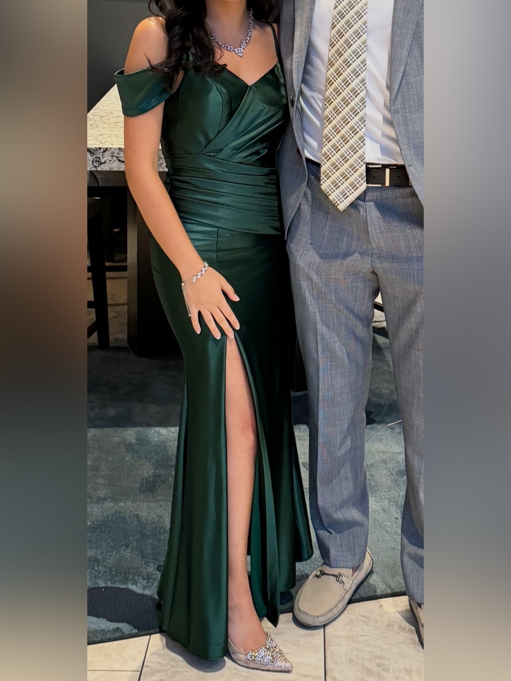 Emerald Green Satin Off-Shoulder Evening Gown - Picture 5 of 5
